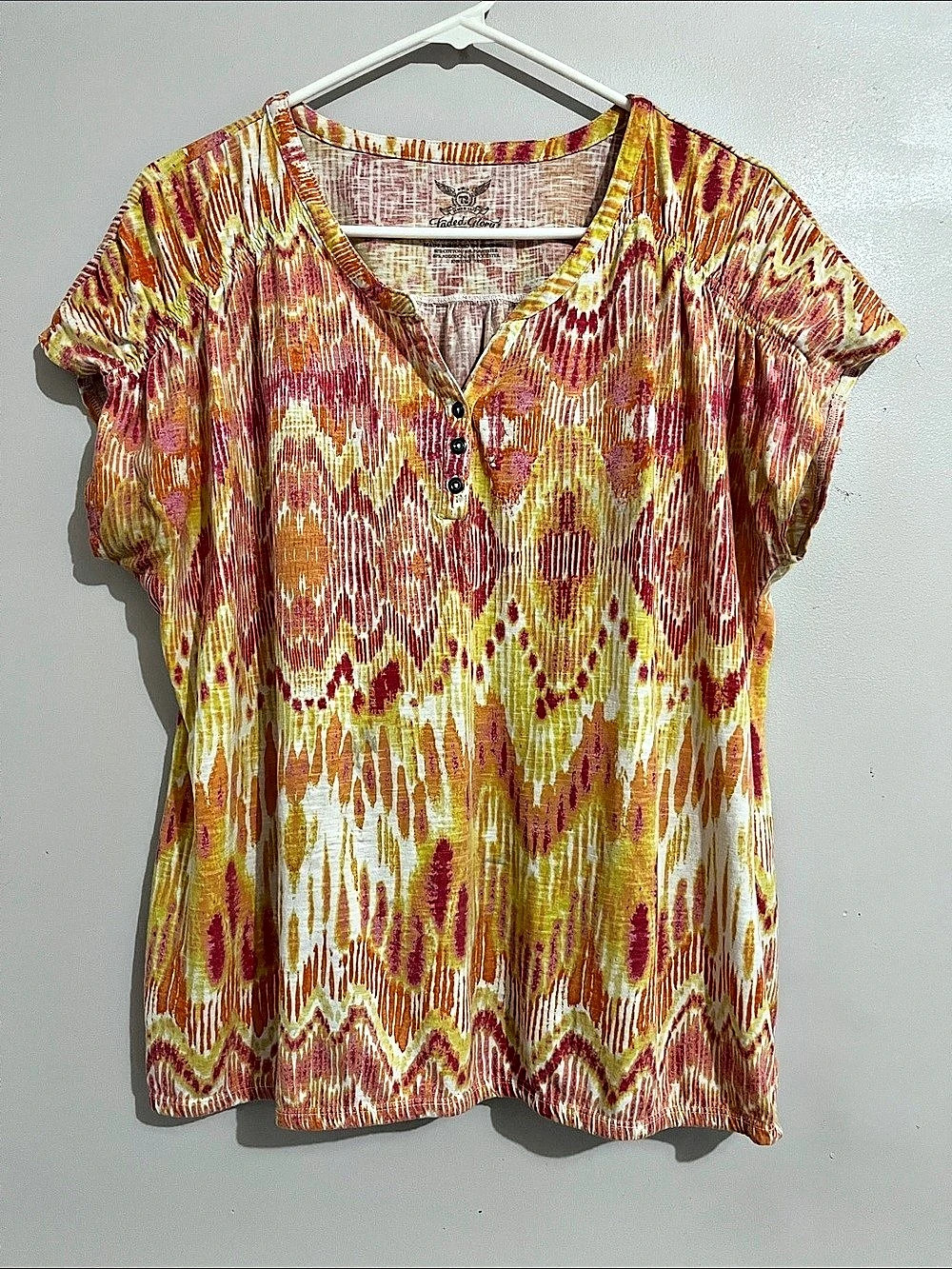 Faded Glory Geometric Rayon Top in Yellow & Pink Size XL